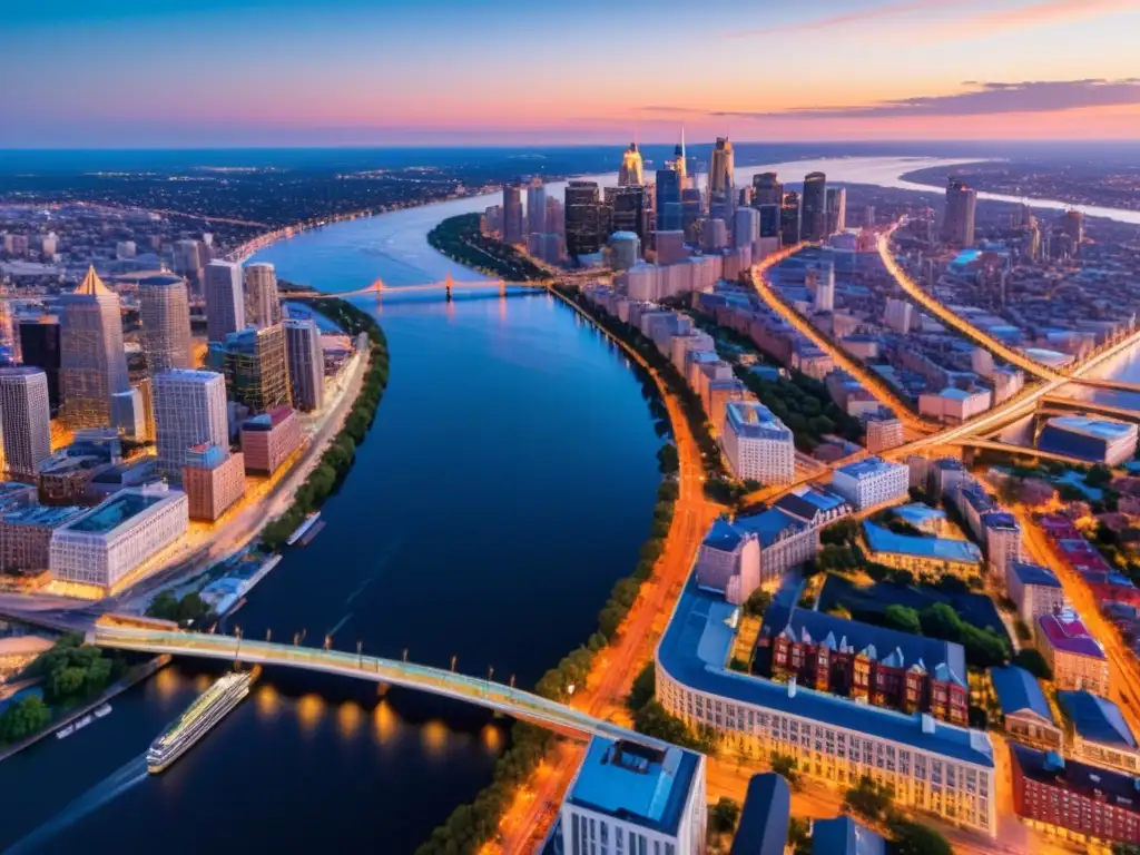 Derechos de autor en fotografía aérea: Impactante ciudad al anochecer con luces reflejadas en el río y un impresionante paisaje urbano