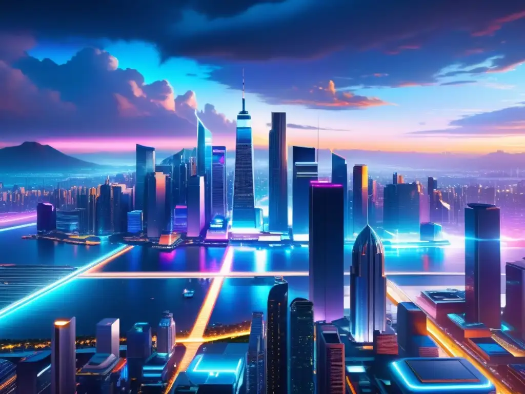 Derechos de autor animaciones IA: Deslumbrante ciudad futurista con rascacielos, luces de neón y calles mojadas reflejando el resplandor