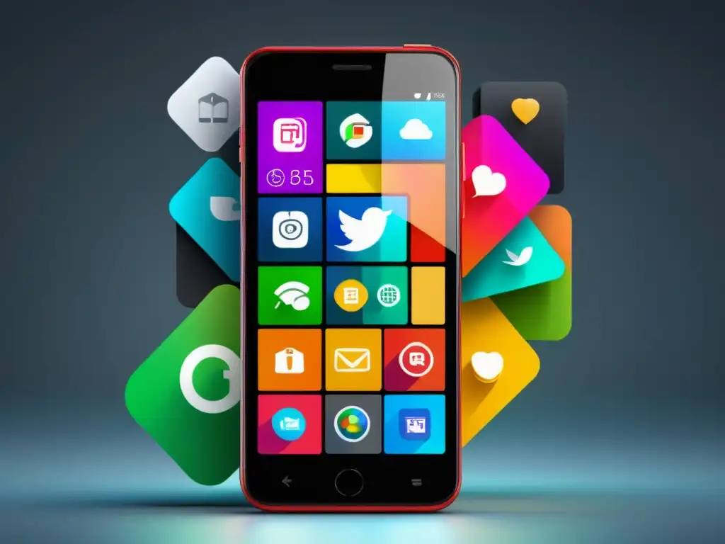 Derechos de autor en aplicaciones móviles: Smartphone moderno con interfaz vibrante y llamativa, mostrando diversas apps dinámicas y coloridas