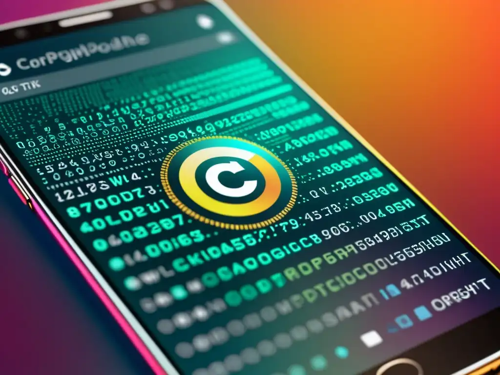 Derechos de autor en aplicaciones móviles: Imagen 8k de pantalla de smartphone con código y símbolos de copyright, diseño moderno y colores vibrantes