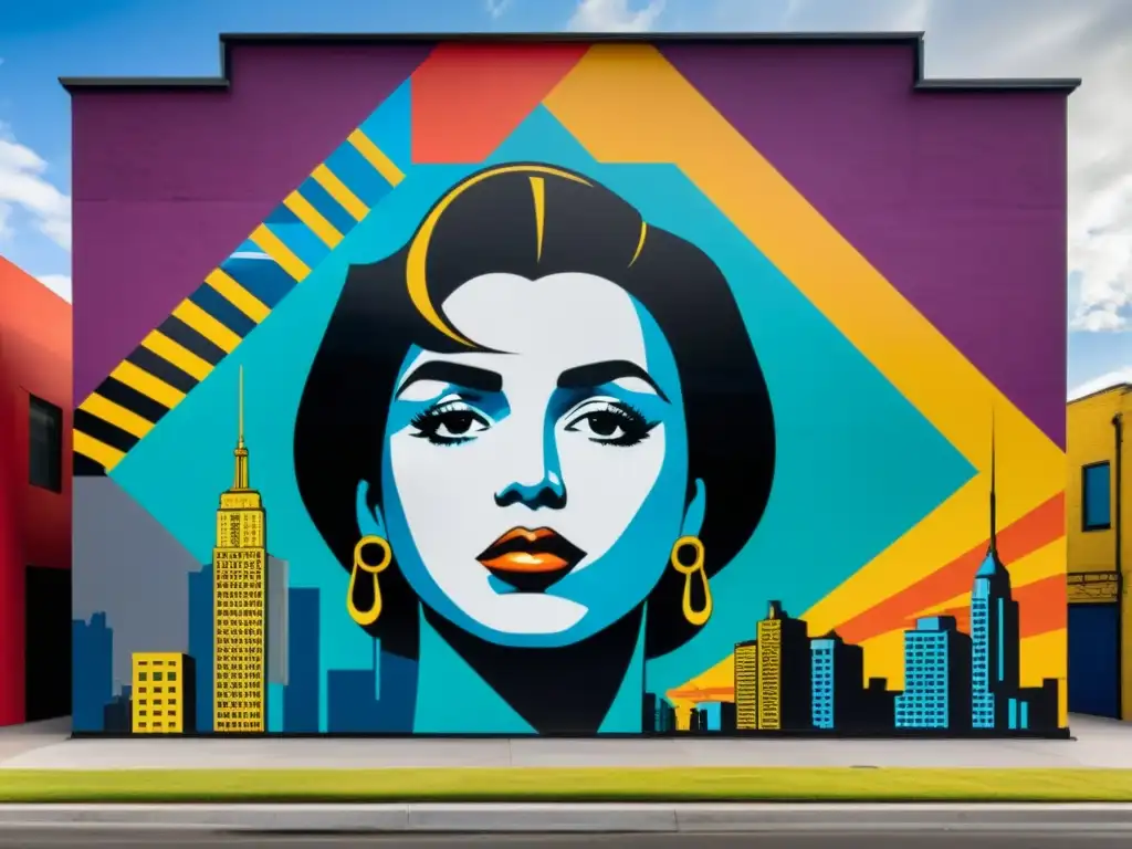 Derechos de autor en Instagram: colorida exhibición de arte urbano con murales vibrantes y referencia cultural, en contraste con la ciudad