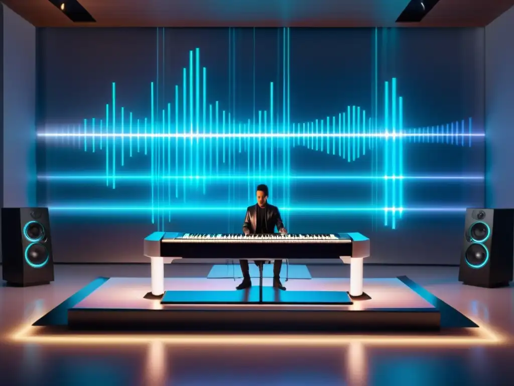 Derechos de autor música inteligencia artificial: Compositor de IA holográfico creando música en estudio futurista
