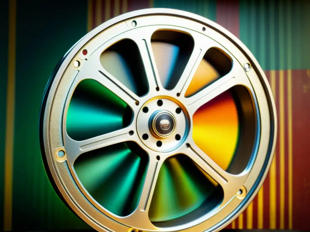 Derechos de autor en bandas sonoras: Detalle de carrete de película vintage con texturas desgastadas, atrapando la nostalgia y artesanía del cine tradicional