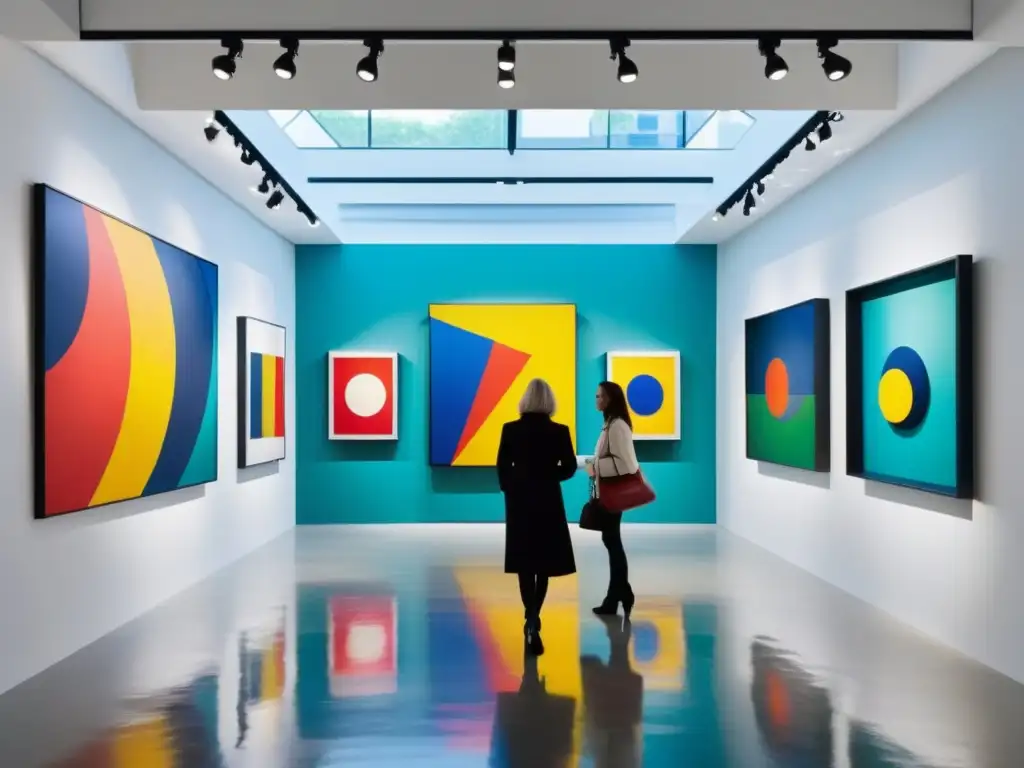 Derechos de autor en Bellas Artes: Galería de arte moderno con pinturas abstractas vibrantes y visitantes admirando las obras