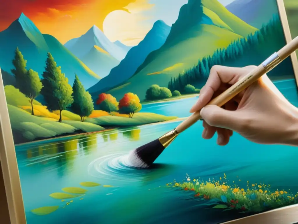 Derechos de autor en Bellas Artes: El artista aplica su firma con cuidado en un paisaje vibrante y detallado, transmitiendo maestría y profesionalismo