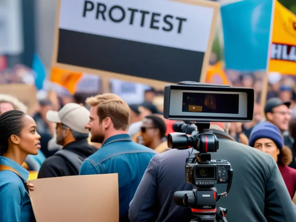 Derechos de autor en cine documental: Equipo de filmación documental captura intensas emociones en protesta, con pancartas vibrantes de fondo