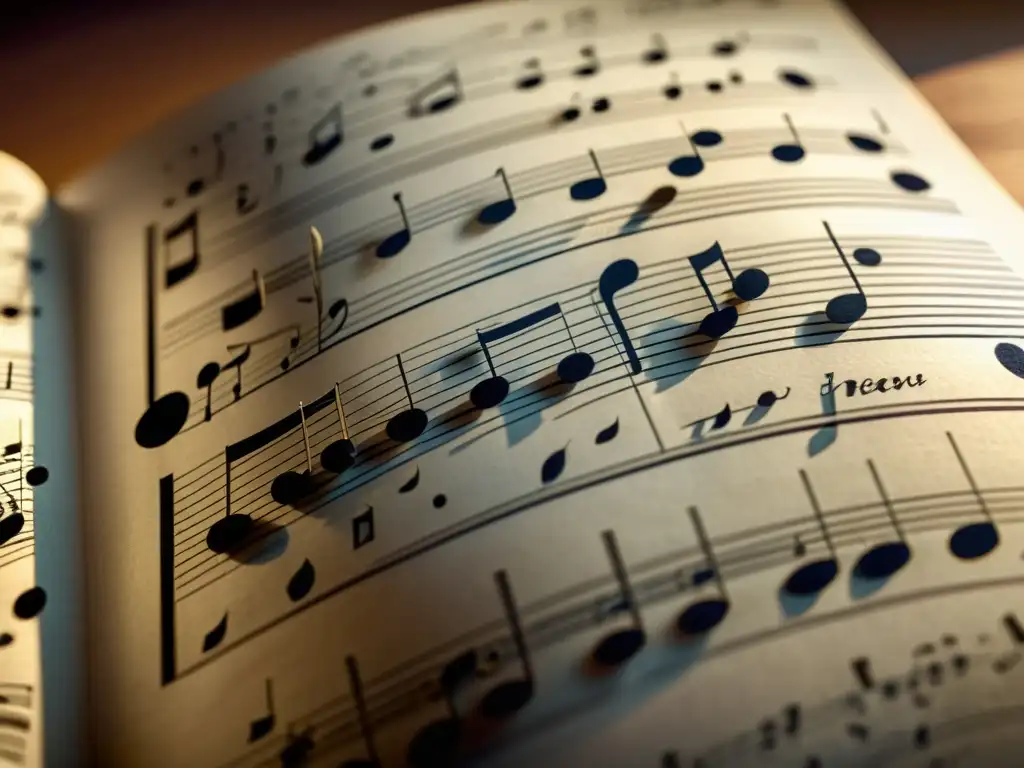 Derechos de autor en música clásica: partitura detallada con anotaciones manuscritas, resaltando la textura del papel y la iluminación