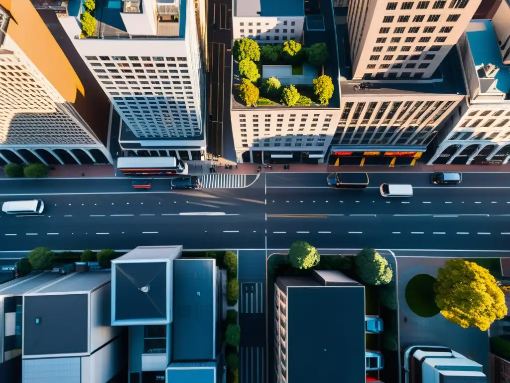 Derechos de autor en fotografía aérea comercial: Una impresionante vista aérea de una bulliciosa ciudad con rascacielos modernos y calles ocupadas, bañada por la luz del sol y una energía dinámica