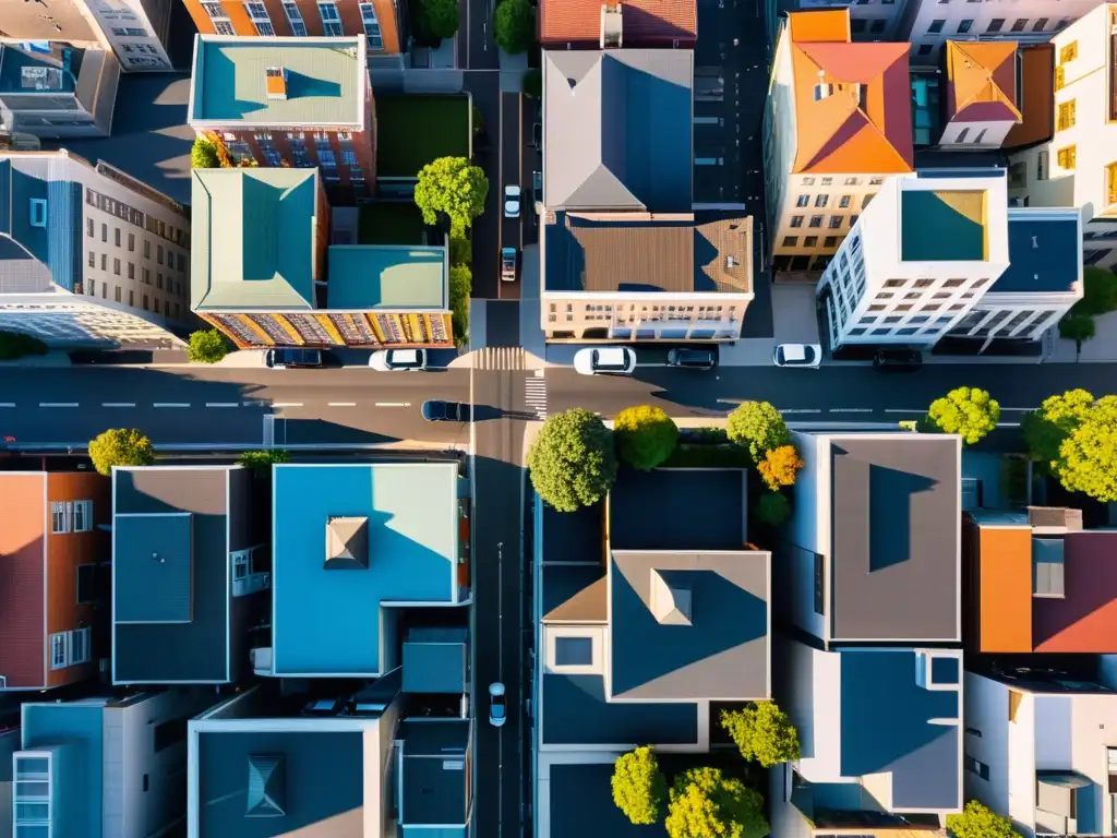 Derechos de autor en fotografía aérea comercial: Amanecer radiante sobre la ciudad, con luces y sombras que realzan su paisaje urbano