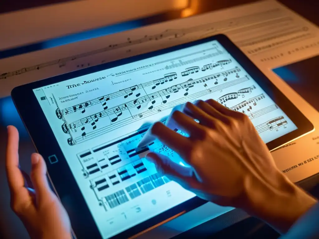Derechos de autor en música clásica: Compositor trabajando en partituras en tablet, con expresión reflexiva iluminada por la pantalla