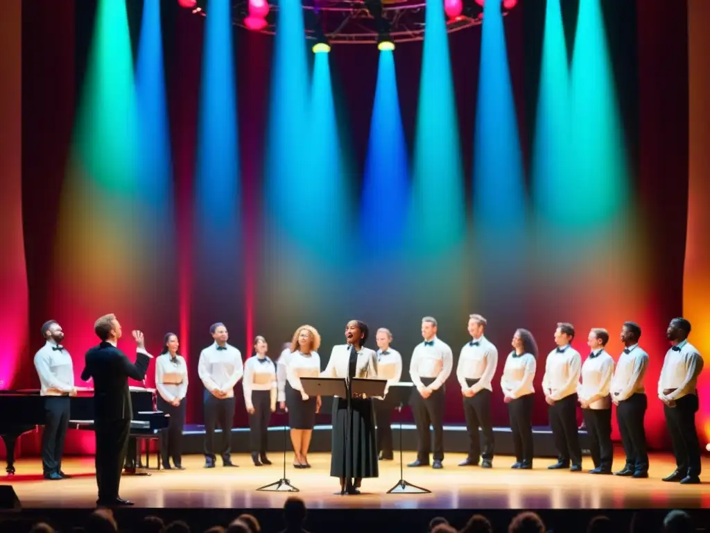 Derechos de autor en coros: Concierto de coro en escenario iluminado, cantantes profesionales y director expresivo