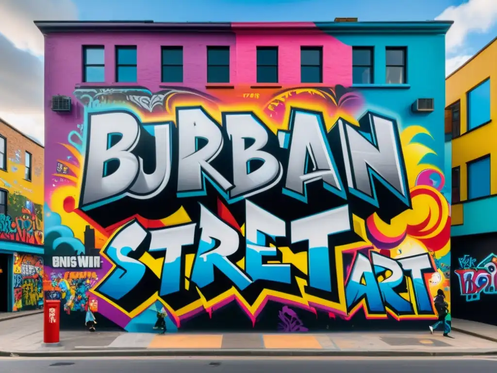 Derechos de autor en cultura urbana: Imagen detallada en 8k de escena urbana con graffiti colorido en las paredes, transmitiendo energía y creatividad