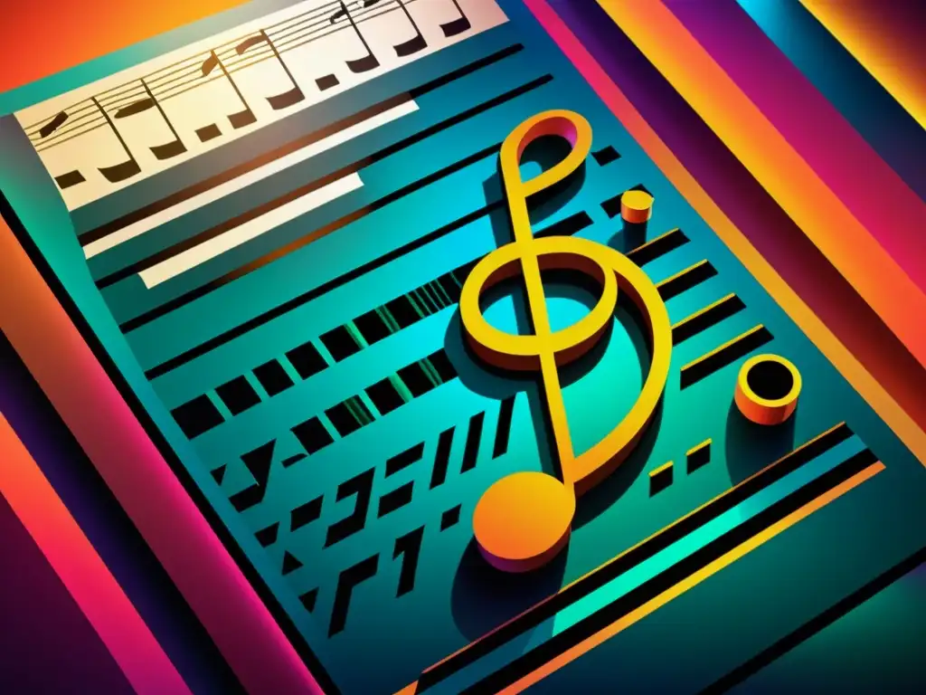 Derechos de autor en música clásica: Ilustración detallada de partitura con notas musicales y símbolos, sobre fondo de colores vibrantes y formas geométricas
