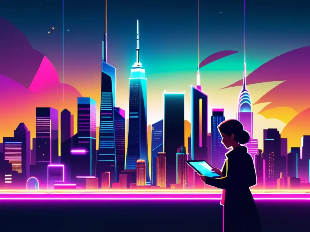 Derechos de autor en la era digital: Una ciudad futurista con luces de neón y rascacielos metálicos se alza en la noche