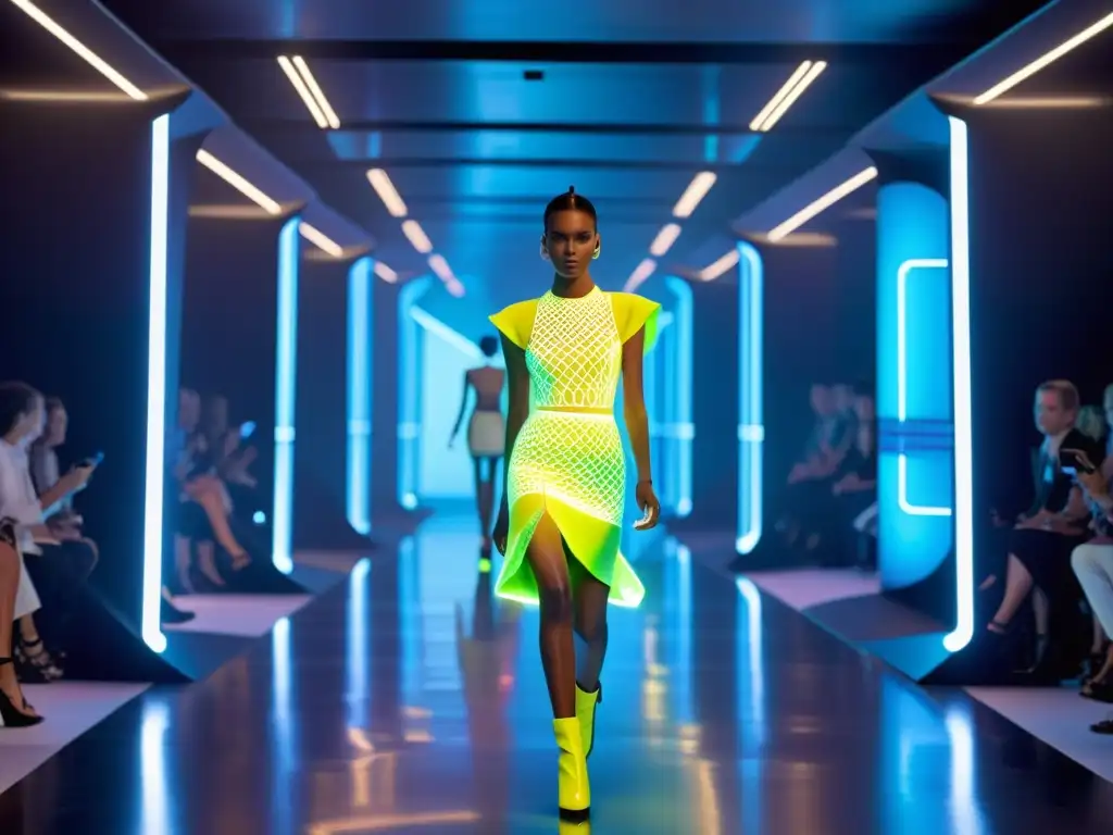 Derechos de autor moda digital: Desfile futurista con ropa interactiva y modelos en una pasarela iluminada por luces de neón, fusionando moda y tecnología