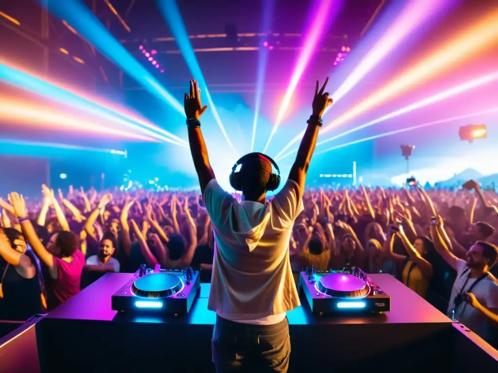 Experiencia eléctrica: DJ en festival con luces láser Derechos de autor en distribución digital: DJ y multitud en festival, luces láser y energía vibrante
