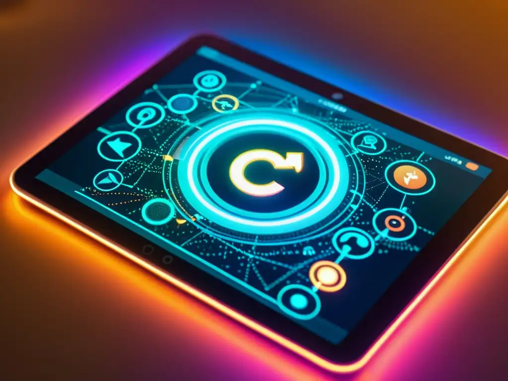 Derechos de autor en la era digital: Pantalla de tablet con símbolos de copyright, datos y multimedia, iluminados por un suave resplandor futurista