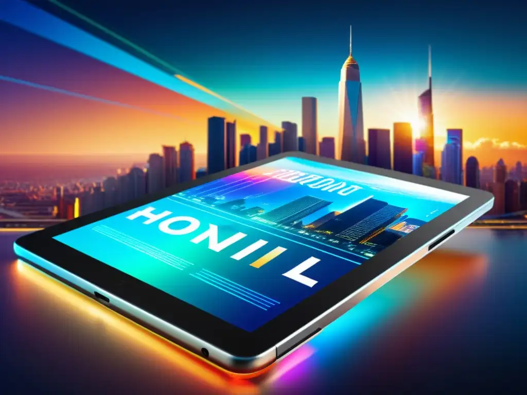 Derechos de autor en la era digital: Tablet muestra una portada de ebook futurista con ciudad holográfica y títulos flotantes