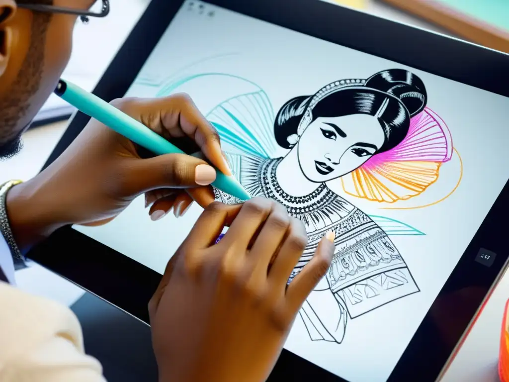 Derechos de autor en diseño de moda: manos de diseñador creando una detallada y vibrante obra de arte digital en tablet