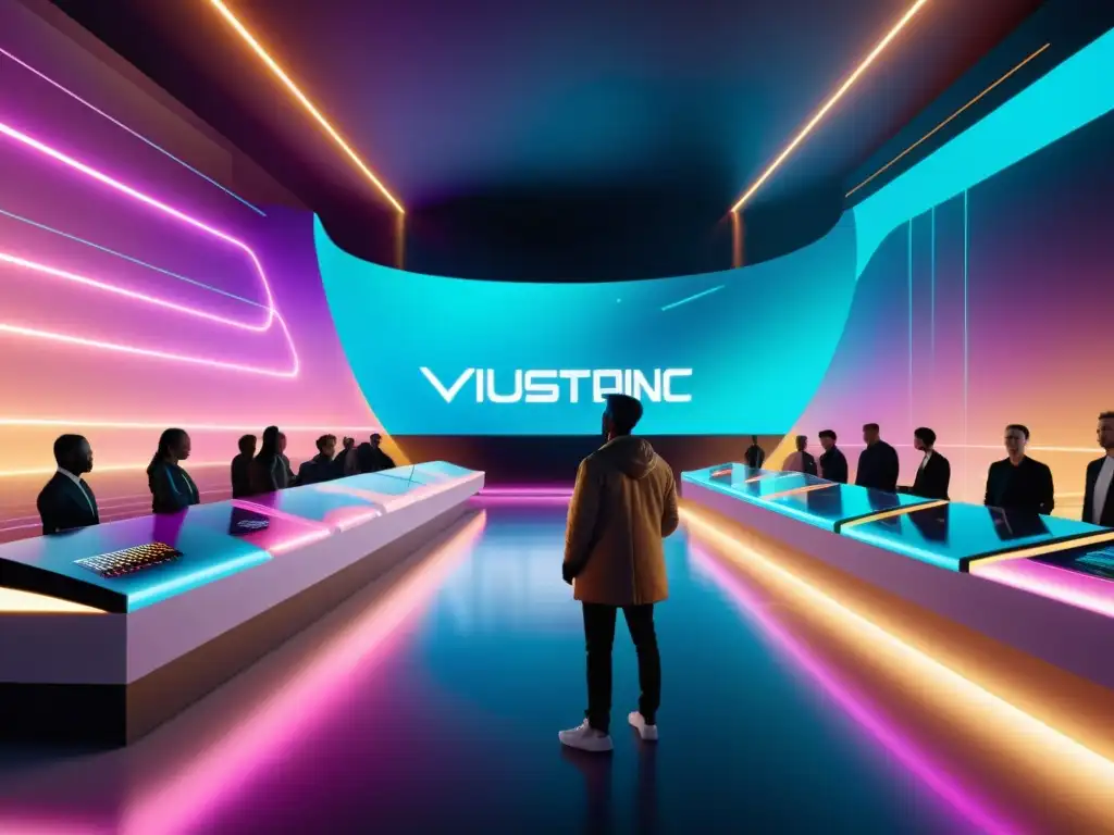 Mercado digital de música electrónica futurista con hologramas brillantes Derechos de autor en distribución digital: Mercado futurista de música electrónica con avatares y hologramas brillantes