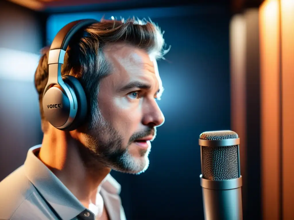 Actor de voz apasionado en estudio profesional Derechos de autor en doblaje: Actor de voz profesional concentradísimo en estudio insonorizado, con micrófono de alta tecnología y auriculares