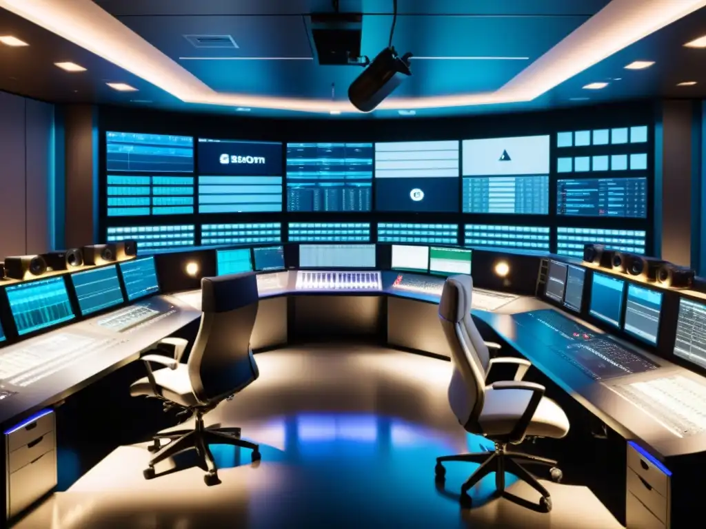 Estudio de sonido de película en 8k: Intenso trabajo de técnicos y editores Derechos de autor en doblaje: Estudio de control lleno de actividad con técnicos, editores de sonido y pantallas de audio y video