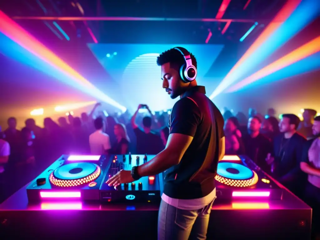 Derechos de autor en música electrónica: DJ en un club futurista, luces láser, multitud bailando, equipo musical avanzado