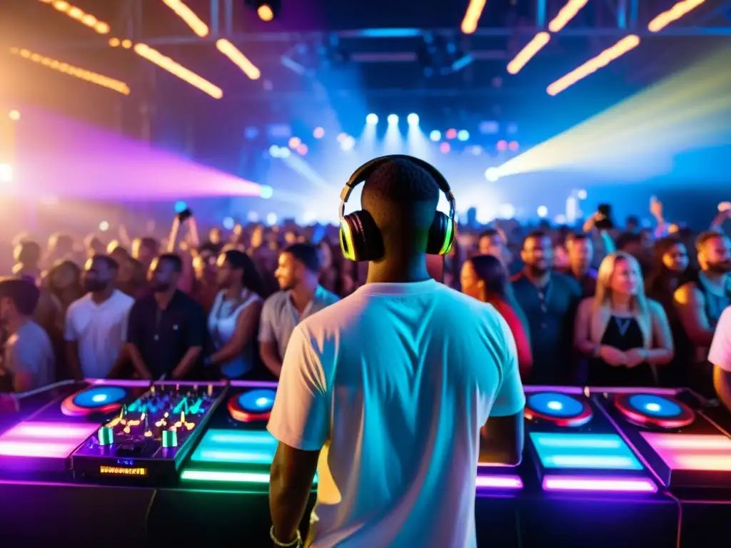 Derechos de autor música electrónica: Multitud bailando en festival de música electrónica con luces coloridas y DJ en el escenario
