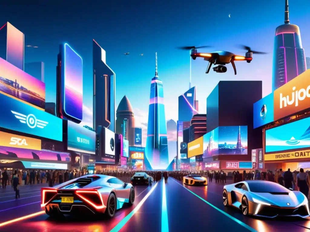 Derechos de autor en entretenimiento digital: Una ciudad futurista llena de anuncios holográficos, drones y autos voladores en una atmósfera nocturna y vibrante