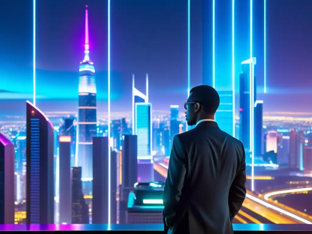Derechos de autor en la era del Big Data: Ciudad futurista al anochecer, con rascacielos iluminados y un personaje reflexivo contemplando el paisaje urbano