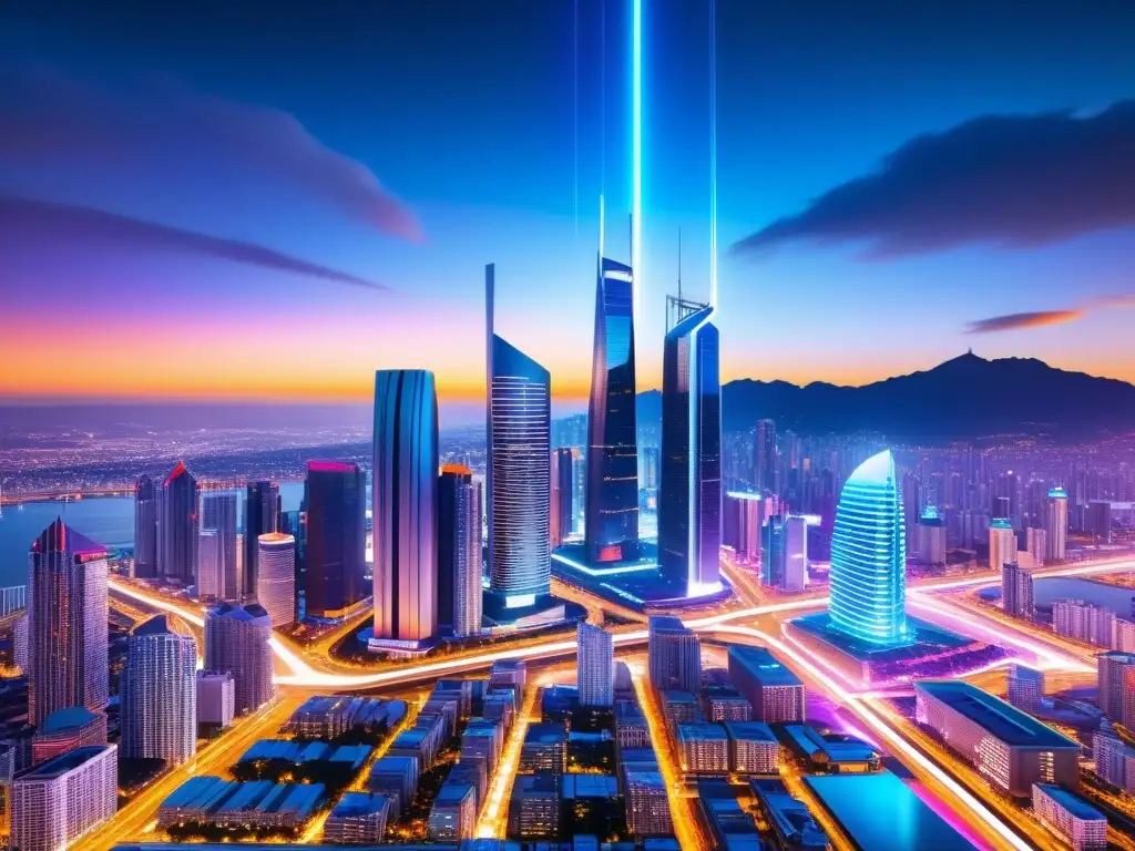 Derechos de autor en la era del Big Data: Una ciudad futurista llena de rascacielos iluminada por luces de neón y datos interconectados en el aire