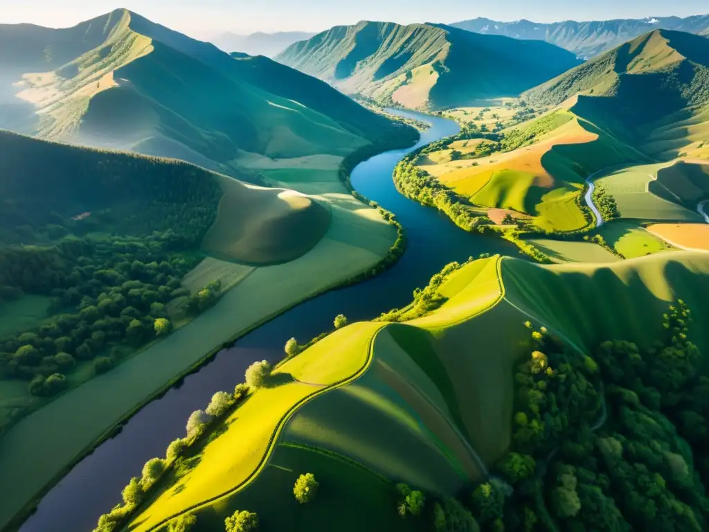 Derechos de autor en la era de los drones: Fotografía aérea 8k detallada de paisaje vibrante, ríos y montañas en dramática luz y sombra
