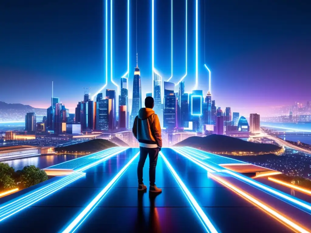 Derechos de autor en la era del Big Data: Impresionante ciudad futurista iluminada por luces de neón y rodeada de datos digitales y conexiones
