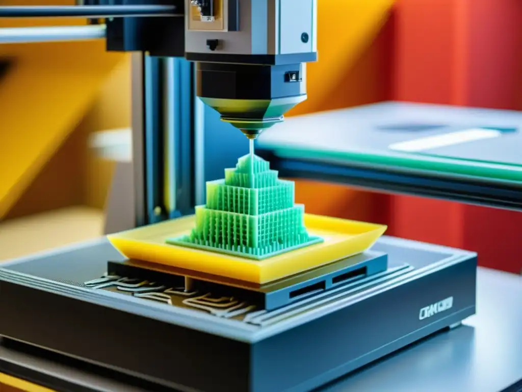 Derechos de autor en impresión 3D: Una escultura detallada se forma capa por capa en una impresora 3D, en un entorno moderno y profesional