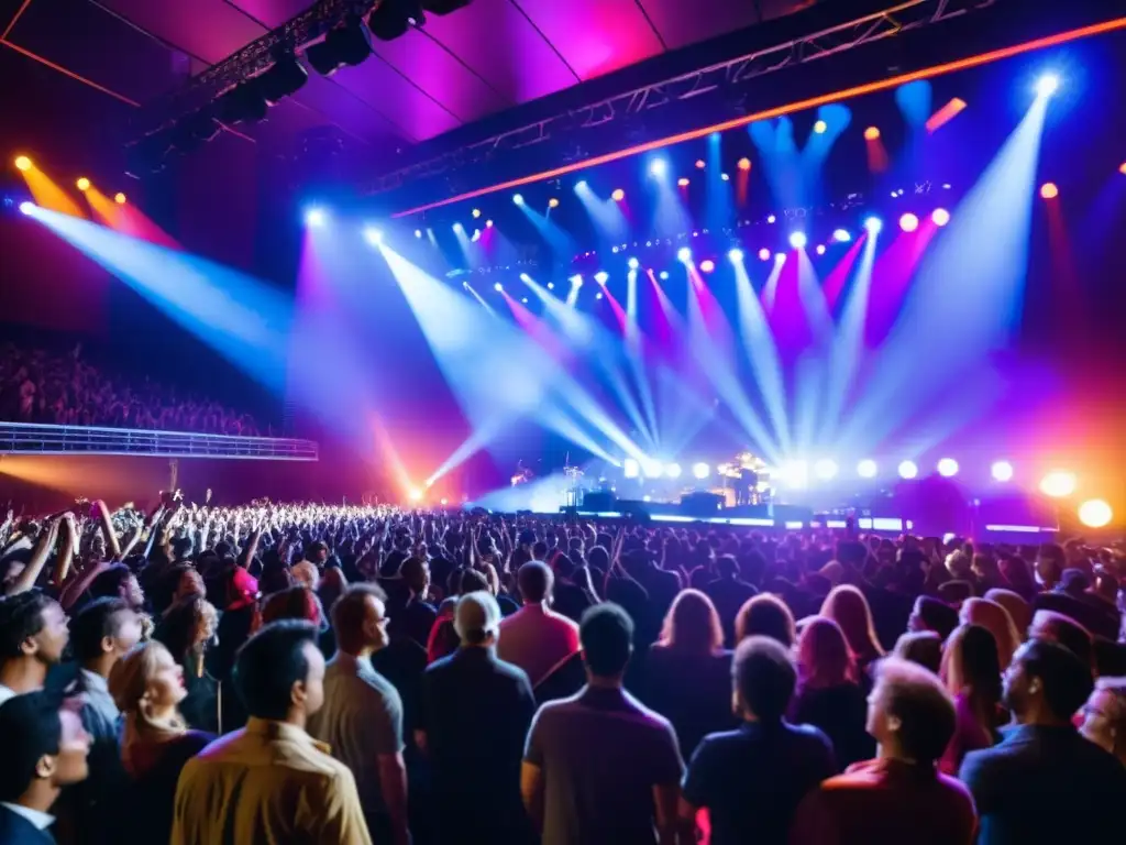 Derechos de autor en fotografía de eventos: Escena vibrante en concierto con luces y multitud animada, capturando la emoción de la música en vivo