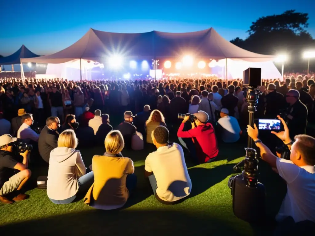 Derechos de autor en fotografía de eventos: Fotógrafos profesionales capturando momentos en un evento al aire libre, con luces brillantes iluminando la escena y creando sombras y reflejos dinámicos en los sujetos