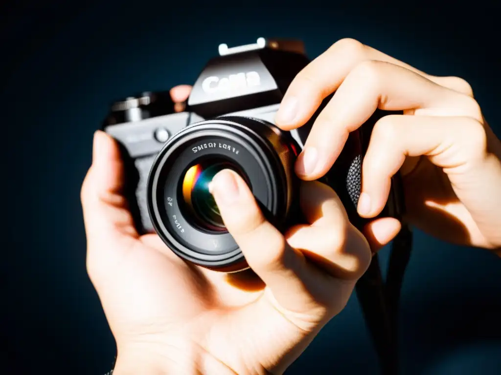 Mano de fotógrafo ajustando cámara con detalles nítidos Infracción de derechos de autor fotográfico: mano de fotógrafo ajustando cámara con detalles nítidos y dramática iluminación