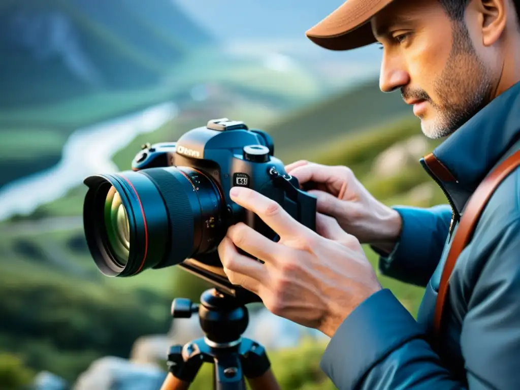 Derechos de autor en fotografía: Un fotógrafo ajusta con precisión su cámara profesional para capturar un paisaje impresionante