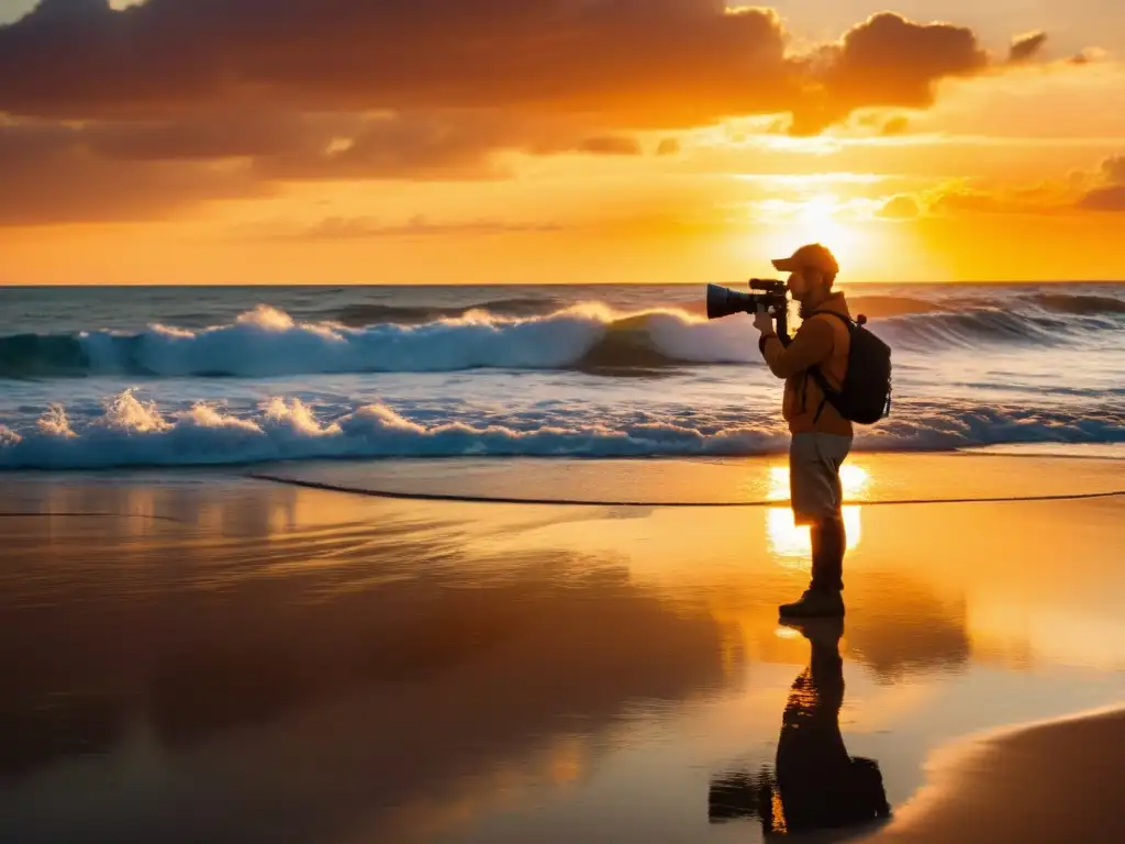 Derechos de autor en Instagram: Fotógrafo capturando un hermoso atardecer en la playa, con colores vibrantes y una atmósfera serena