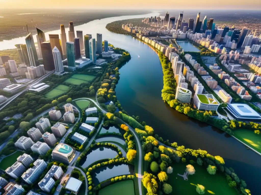 Derechos de autor fotografía aérea: Imponente ciudad al amanecer, con rascacielos iluminados por la luz dorada y un río serpenteante