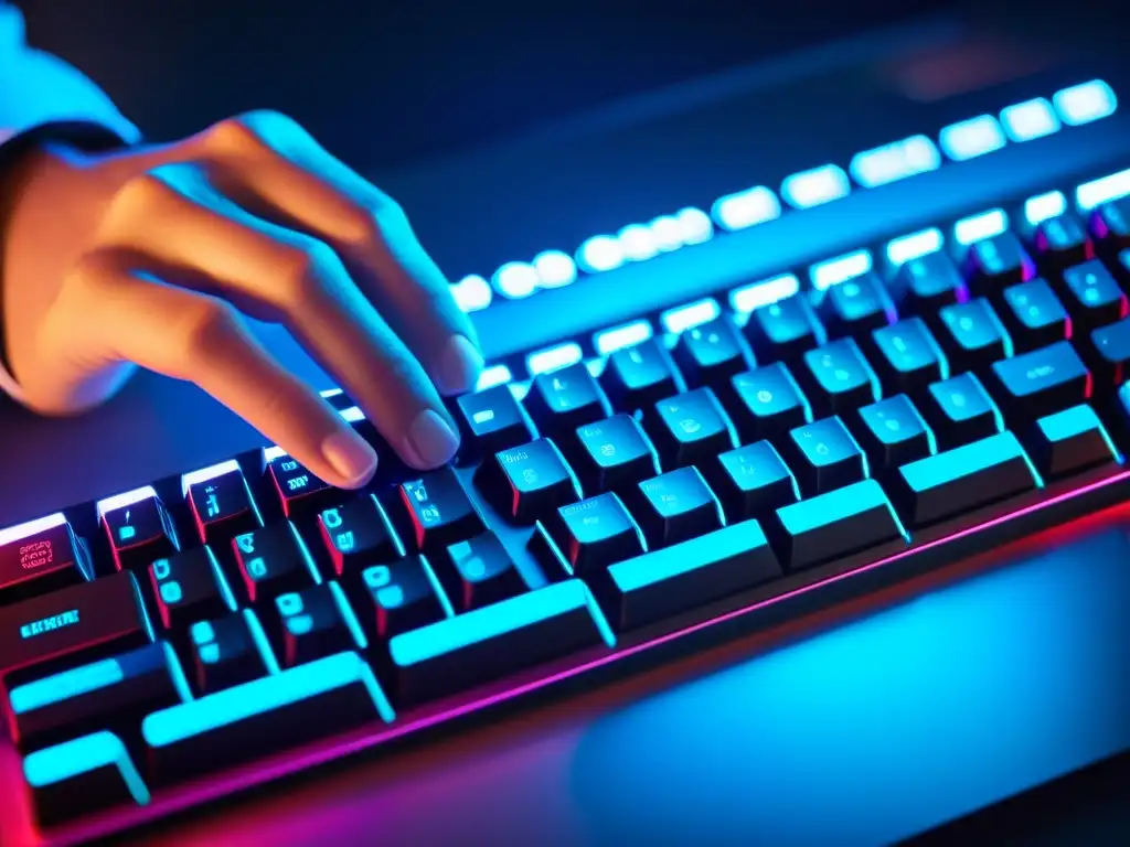 Derechos de autor en juegos indie: Un desarrollador teclea código en un teclado moderno, con líneas de código en un monitor de alta resolución de fondo