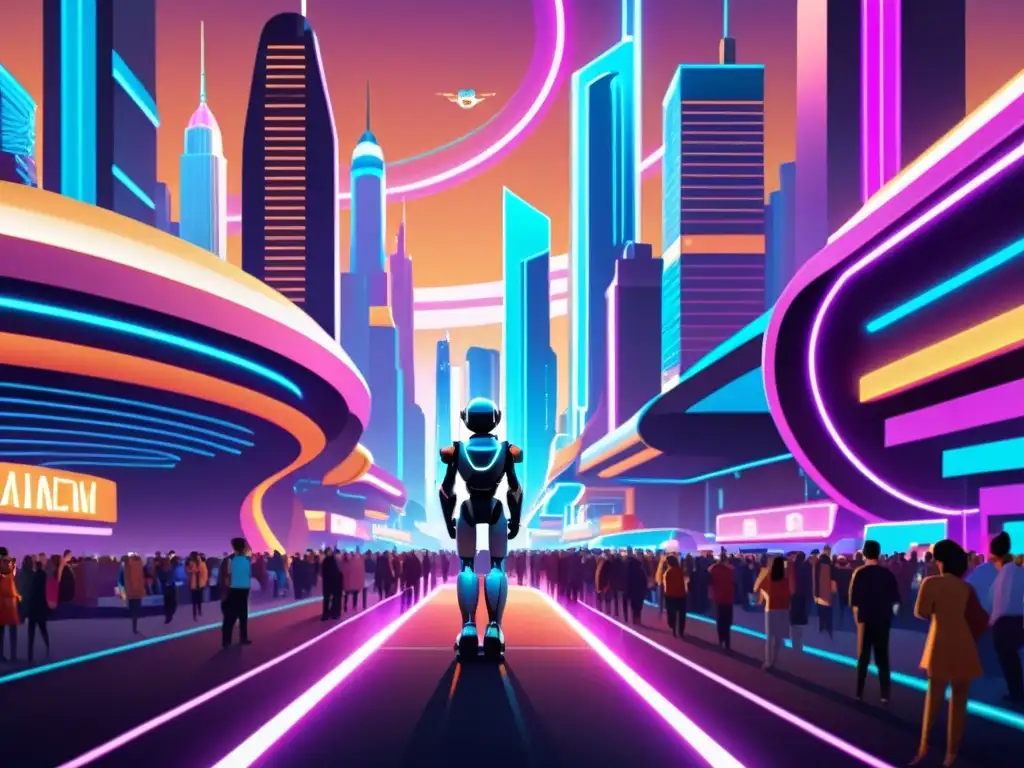 Derechos de autor en inteligencia artificial: Ilustración futurista de una ciudad con rascacielos, drones y un robot artista creando arte innovador