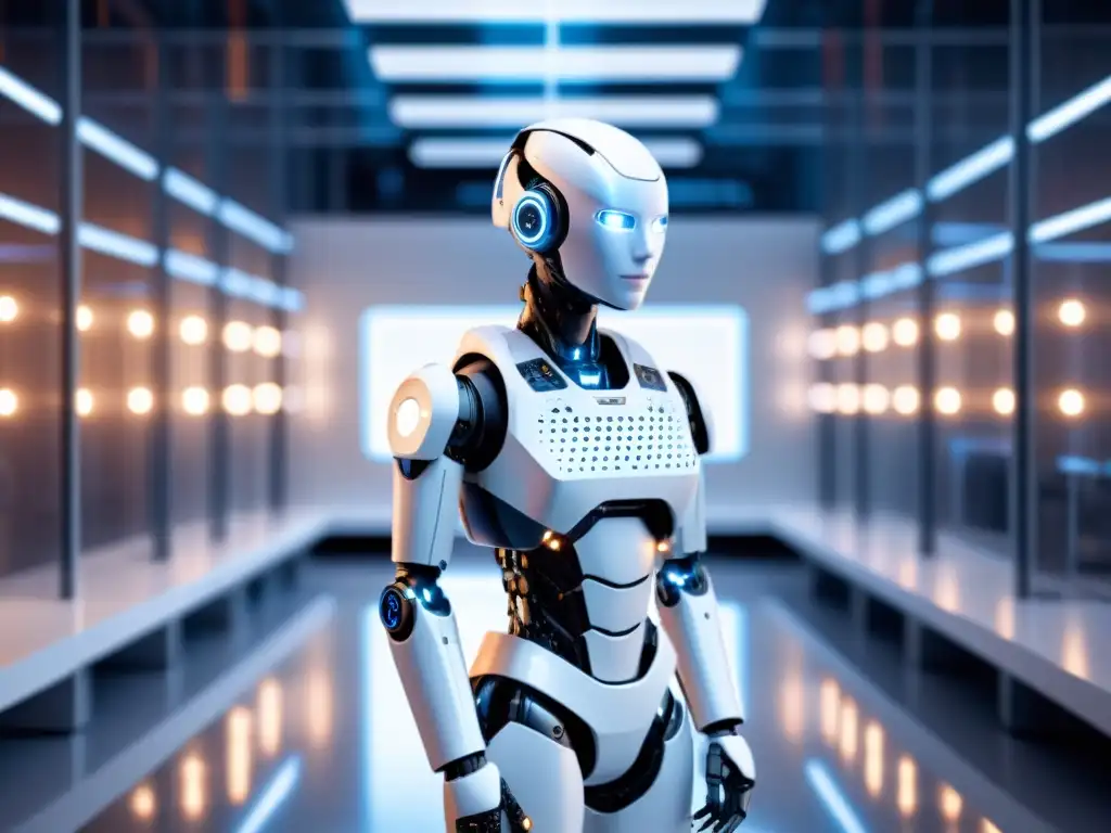 Derechos de autor en inteligencia artificial: Robot futurista reflexivo en un laboratorio blanco con tecnología avanzada y pantallas brillantes