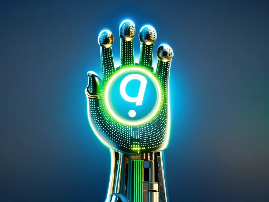 Derechos de autor en inteligencia artificial: mano de robot futurista sostiene el símbolo de copyright, con código y circuitos visibles