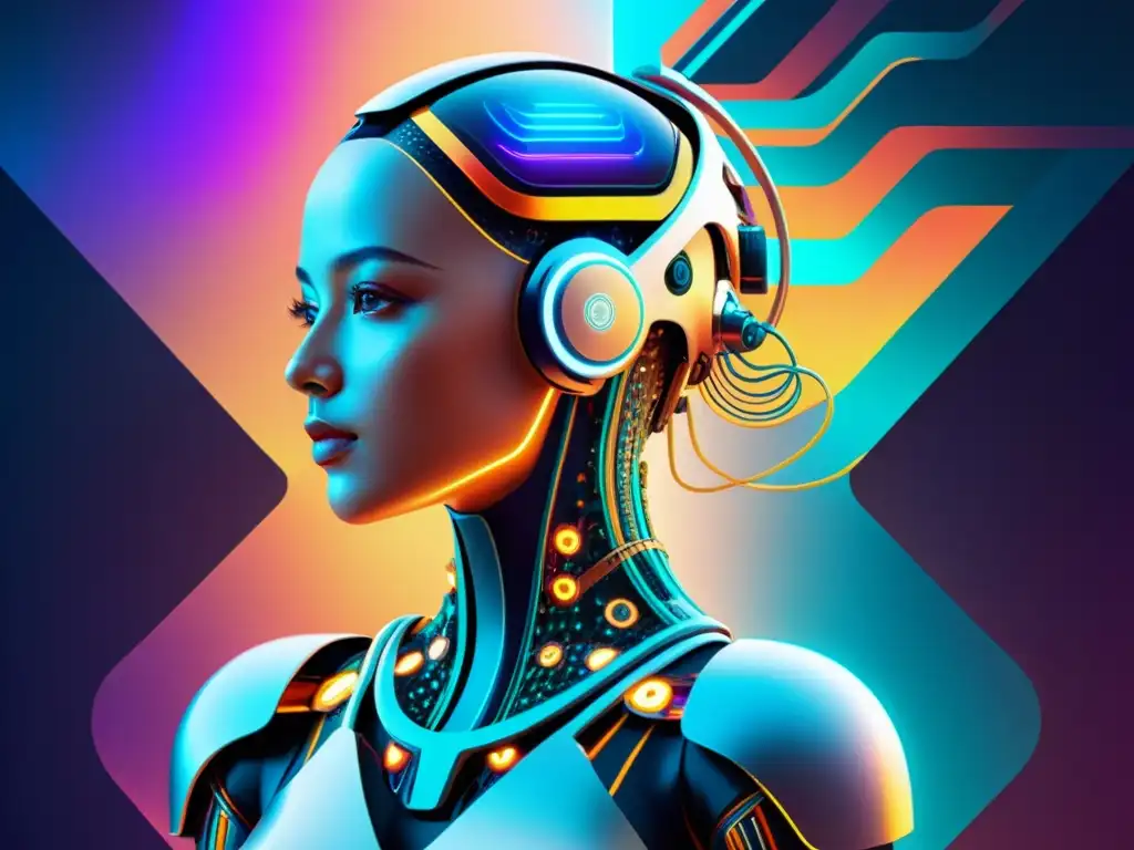 Derechos de autor en inteligencia artificial: Representación futurista de un AI creando arte digital, con colores vibrantes y detalles intrincados