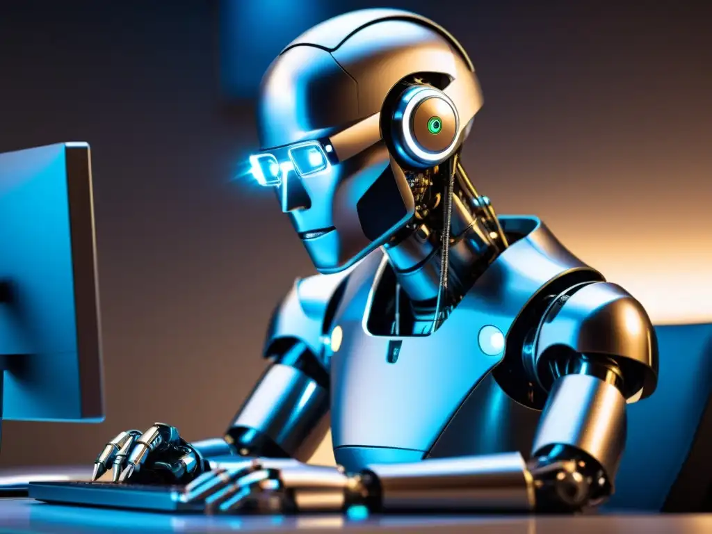 Derechos de autor en inteligencia artificial: Un robot futurista reflexiona frente a un ordenador rodeado de pantallas y tecnología avanzada