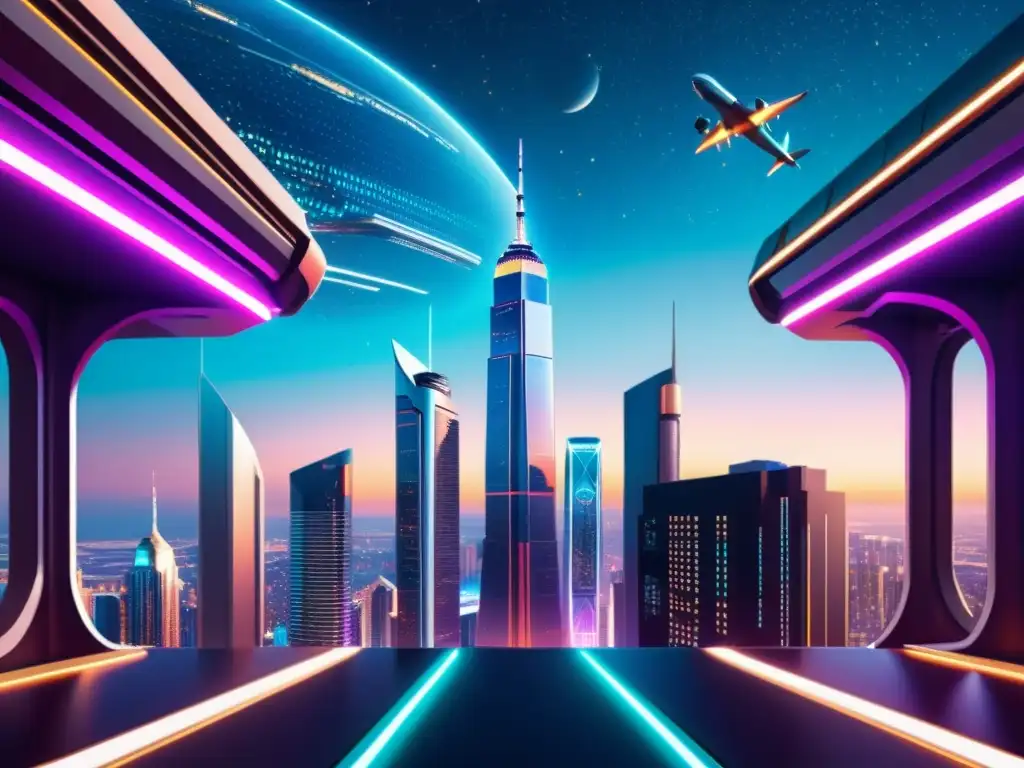 Derechos de autor en inteligencia artificial: Impactante ciudad futurista con rascacielos luminosos y vehículos voladores bajo un cielo estrellado