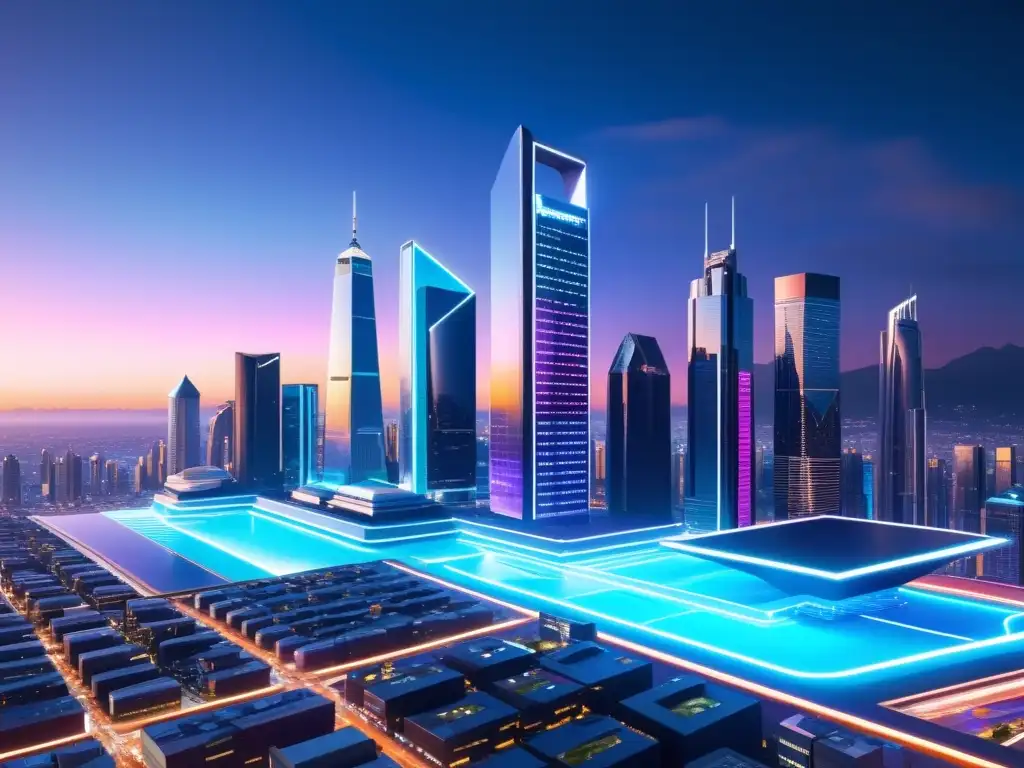 Derechos de autor en inteligencia artificial: Ciudad futurista con rascacielos y hologramas de algoritmos