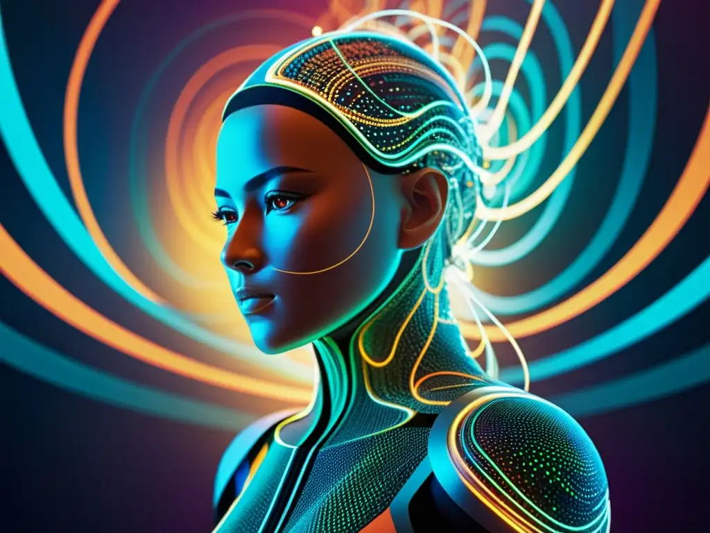 Derechos de autor en inteligencia artificial: Una figura futurista rodeada de patrones de código y datos, conectada a una red de nodos