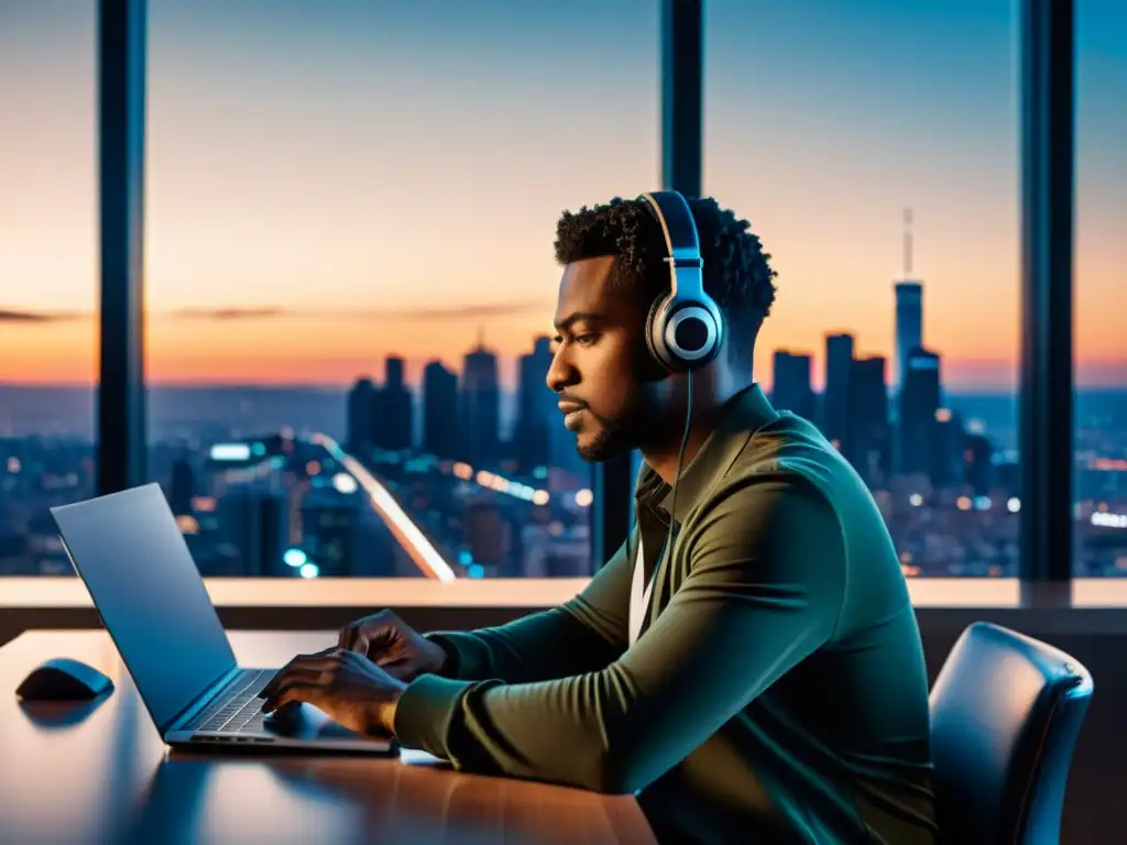 Compositor moderno creando música con vista urbana Derechos de autor para jingles publicitarios: Compositor urbano creando música con vista panorámica